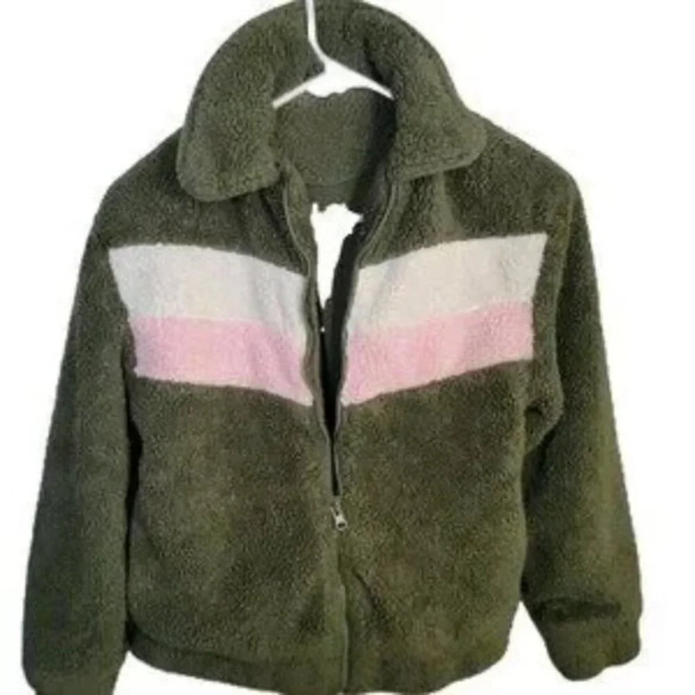 wonder nation Girls Jacket Faux Sherpa XL 14-16 White Pink Stripe Olive Green